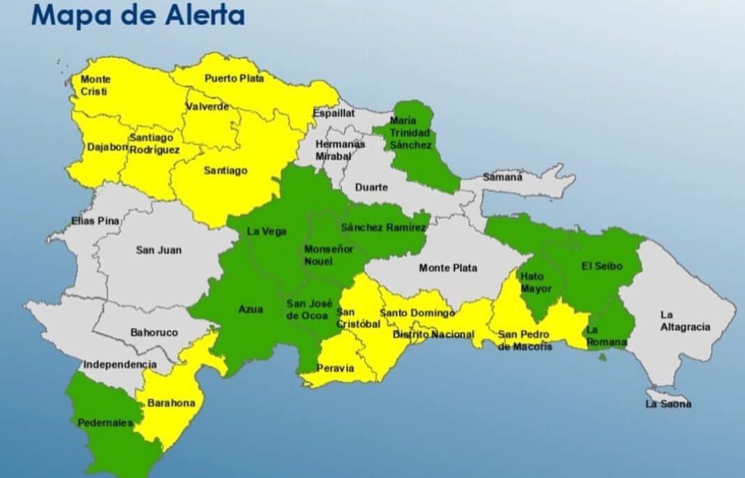 Por incidencia de vaguada y onda tropical aumentan 11 provincias y el DN en amarilla y 10 en verde Por incidencia de vaguada y onda tropical aumentan 11 provincias y el DN en amarilla y 10 en verde